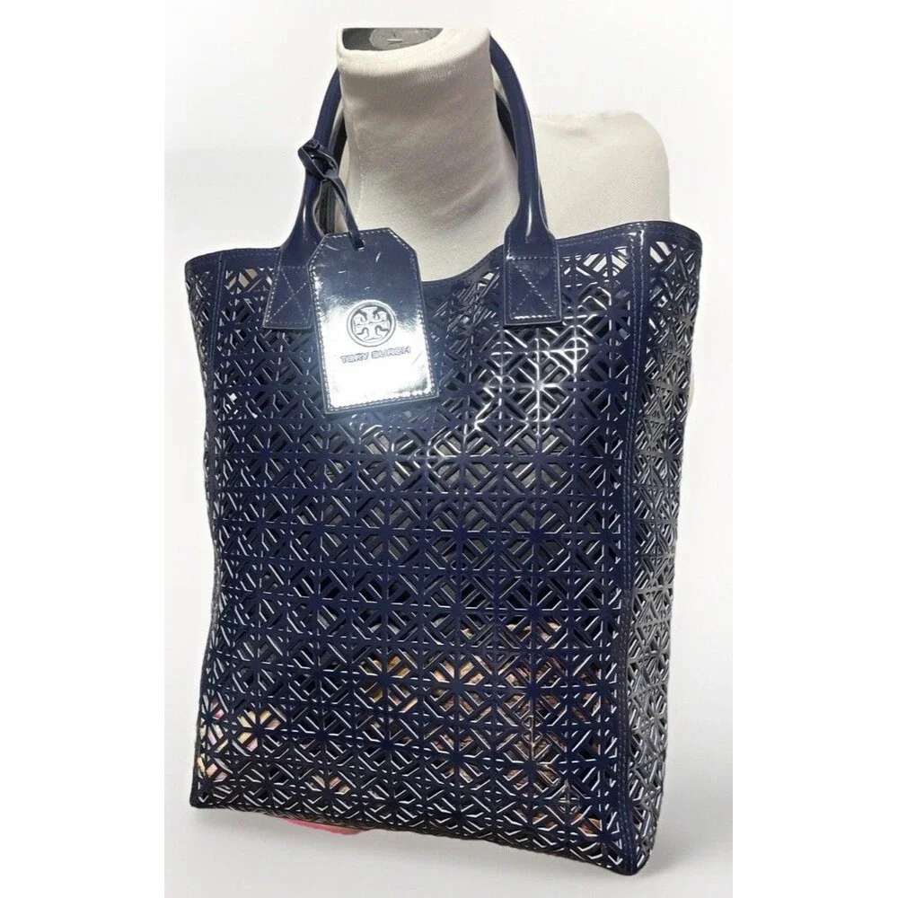 Tory Burch Navy Laser Cut PVC Patent Tote Shopper Beach Bag Geometric Large